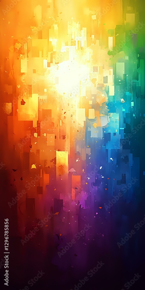 Poster abstract geometric background with vibrant gradient from orange to blue, featuring luminous particle