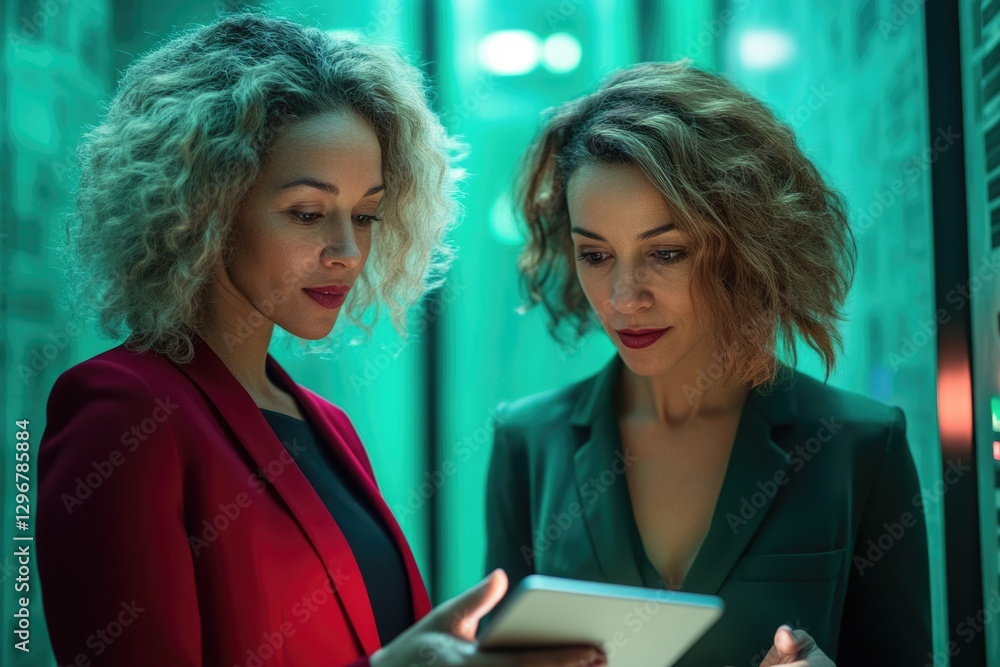 Aufkleber two women in business attire collaborate on a tablet, examining data in a tech setting.