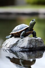 Obraz premium Tranquil Turtle Resting on Rock with Shimmering Water Reflections