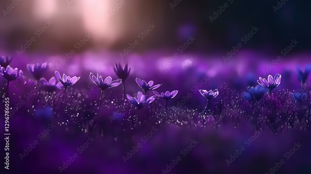 Poster delicate purple wildflowers in soft evening light with bokeh effect and dew drops creating magical a