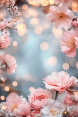 Beautiful pink spring flowers form a frame on an elegant blue background with bokeh effect, creating a romantic and luxurious atmosphere with space for text, vertical