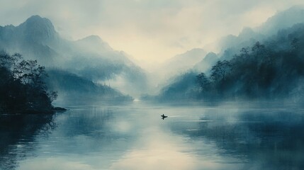 Tranquil Water Scene with Soft Light and Mountains