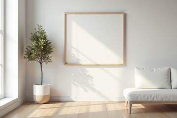 Serene Minimalist Living Room with Sunlight Illuminating a Blank Canvas and a Potted Plant Beside a Comfortable Sofa
