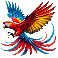 Scarlet macaw bird flying on white background with clipping path