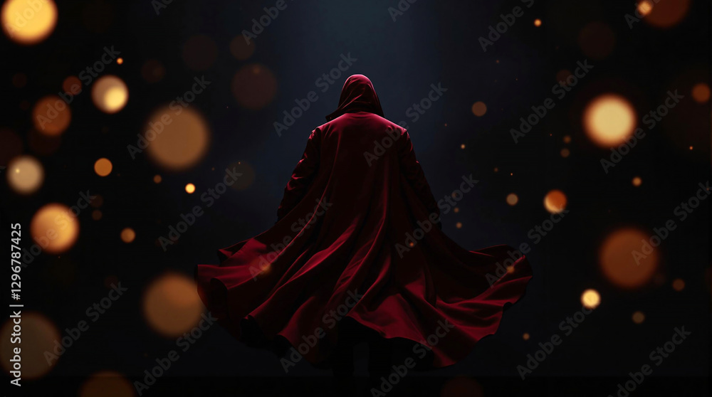 Poster a solitary figure draped in a flowing red cloak, standing against a backdrop of a starry night sky i