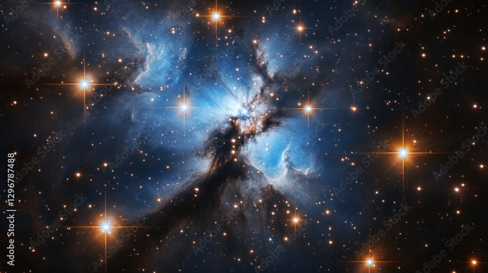 Poster exploring a distant nebula with stars and cosmic clouds of dust
