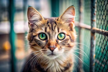 Fototapeta premium Sad Stray Cat in Animal Shelter, Close-Up, Copy Space Left