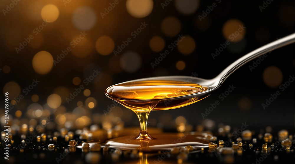 Poster a close-up of a spoon filled with golden liquid, likely honey, set against a dark background with a 
