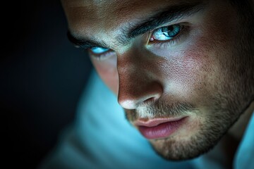 Obraz premium Close-up portrait of a man with intense blue eyes, looking downwards, serious expression.