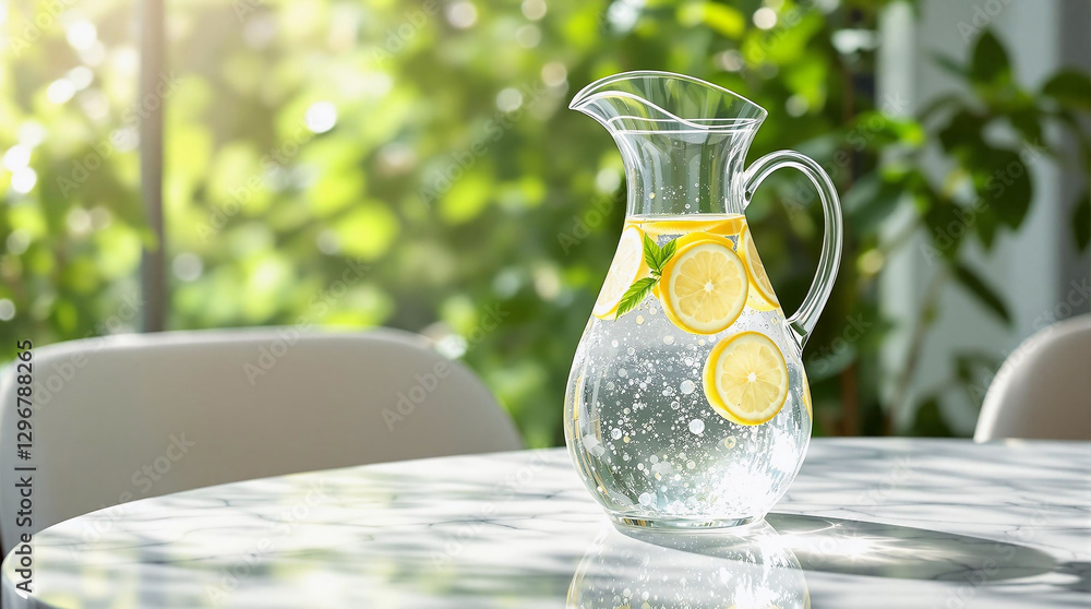 Poster A clear glass pitcher filled with water and slices of lemon, placed on a table surrounded by chairs. The background is slightly blurred, revealing a window with trees outside.