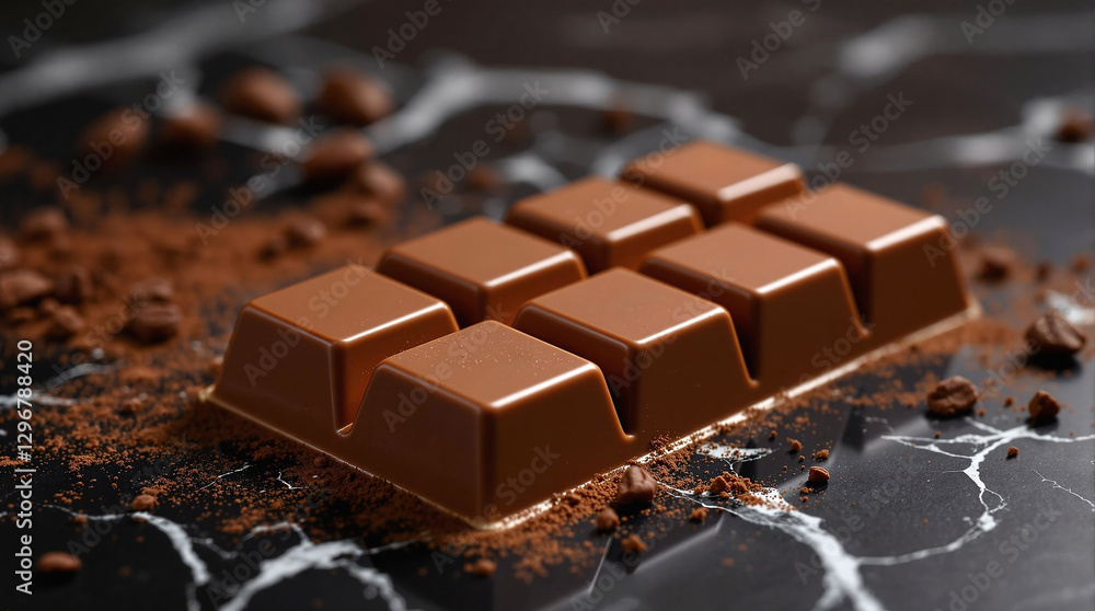 Poster a close-up shot of a chocolate bar on a dark surface, sprinkled with cocoa powder. the chocolate bar