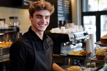 Fototapeta premium Young barista smiling and preparing coffee in a cafe