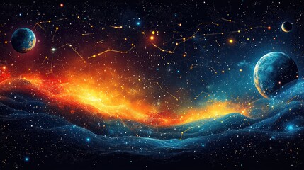 Obraz premium Cosmic Nebula Landscape Planets, Stars, Constellations, Website Banner