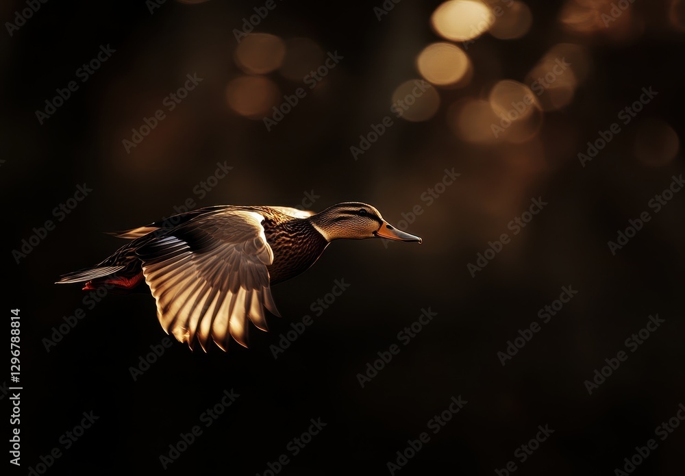 Poster elegantly gliding duck in flight against a softly blurred background with warm glowing bokeh effect 