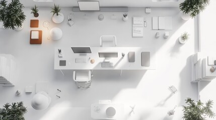Fototapeta premium Overhead View of Minimalist White Office Workspace with Sunlight