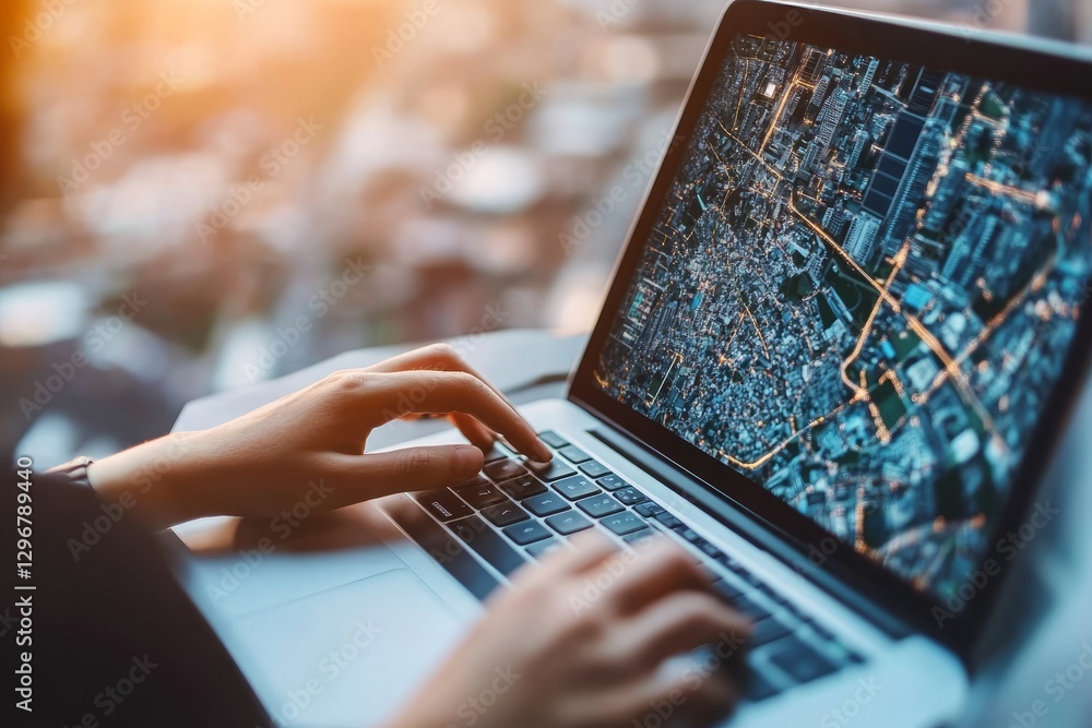 Aufkleber professional using digital mapping software for satellite imagery in urban planning close up view