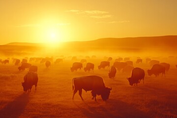 Naklejka premium Bison Grazing at Sunrise in a Misty Prairie Landscape