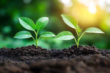 Young plants sprout in soil, sunny day