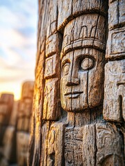 Ancient Wooden Carving at Sunset.