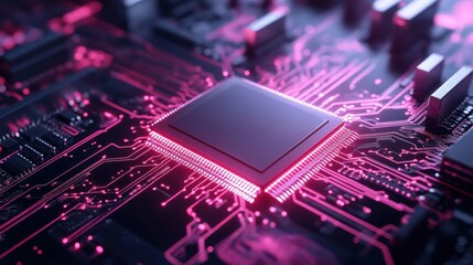 Close-up View of Computer Processor on Circuit Board with Neon Lighting and Digital Technology Background