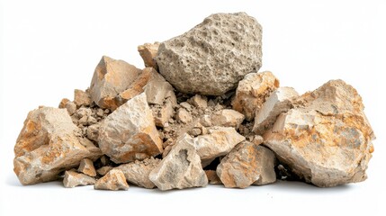 Pile of broken rocks on white background