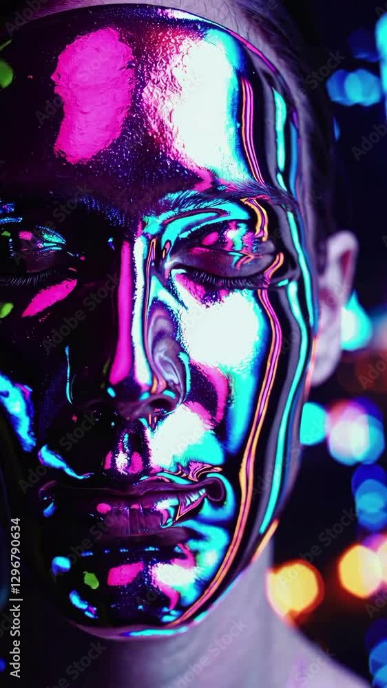 Poster a mesmerizing display of a human face covered in reflective material, showcasing shifting colors and