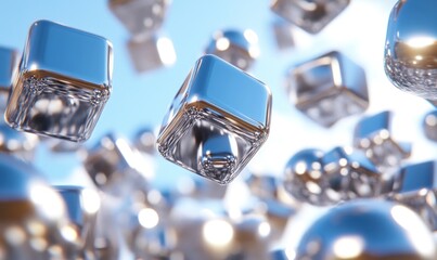 Chrome cubes falling; bright sky background; technology concept