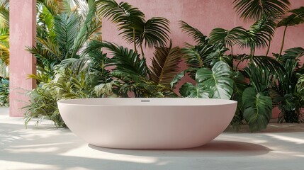 Obraz premium Pink bathtub, tropical plants, interior scene