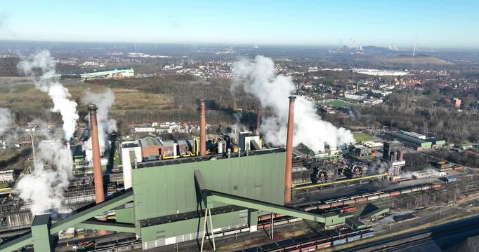 Aerial drone of the coking plant Prosper, steel fabrication industrial site in Bottrop, Germany