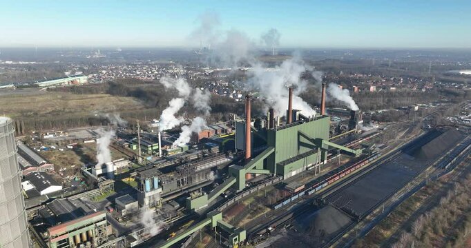 Aerial drone of the coking plant Prosper, steel fabrication industrial site in Bottrop, Germany