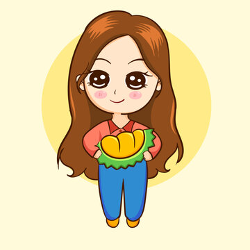 Woman holding durian, vector hand drawn