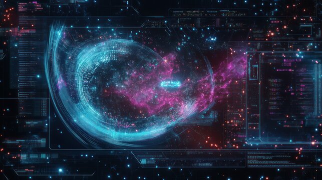 Futuristic digital interface, data streams, swirling patterns. Use Stock photo for technology, innovation, abstract concepts