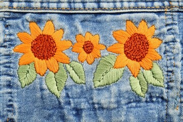 Bright Sunflower Embroidery on Denim Fabric with Floral Design