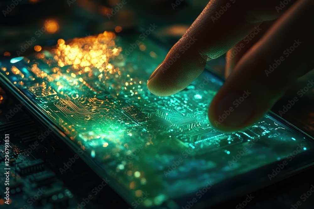 Fototapete a finger interacts with a glowing circuit board displayed on a smartphone screen, showcasing advance
