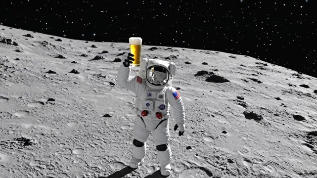 Astronaut holds beer glass on lunar surface. Space exploration humor concept with static camera