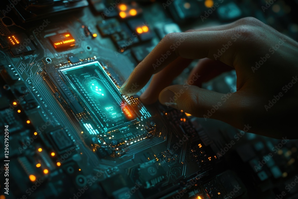 Poster a hand interacts with a glowing, futuristic computer motherboard, showcasing advanced technology.