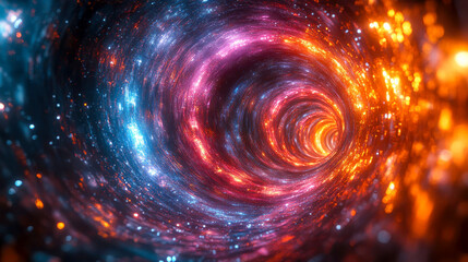 A colorful vortex of glowing particles, depicting an abstract concept of energy, space, and motion