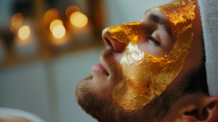 Male receiving golden facial treatment at a modern beauty spa focused on rejuvenation and care