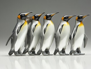 Fototapeta premium Five Colorful Penguin Figurines in a Row, Displaying Unique Features and Vibrant Colors Against a Neutral Background