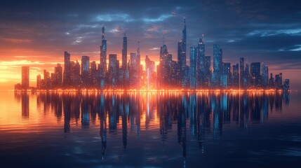 Futuristic city skyline reflected on water at sunset. Possible use Stock photo for science fiction, technology, or urban design