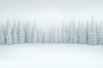 Fototapeta premium Snow-covered landscape with tall evergreen trees shrouded in mis