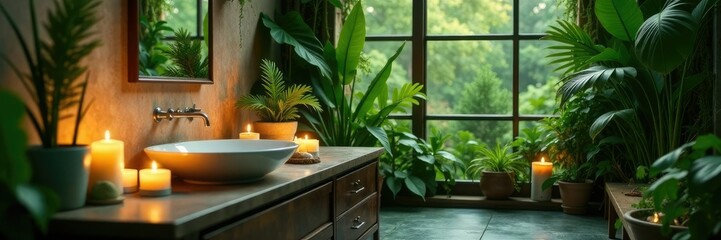 Lush greenery and candles create a soothing ambiance in a bathroom, greenery, seren, cozy
