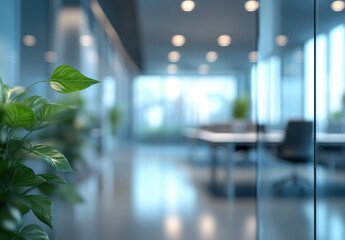 Modern Office Interior with Green Plant and Glass Walls