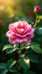 Pink rose flower details on a leafy branch with sunlight filtering through, foliage, rosa chinensis, sunlight