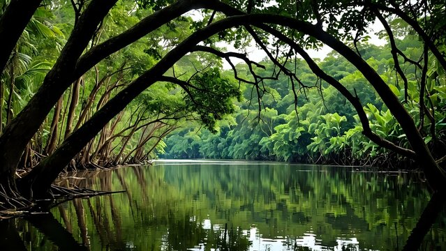 Sungai yang mengalir di pedalaman hutan tropis yang hijau dan subur, pemandangan alam yang menenangkan
