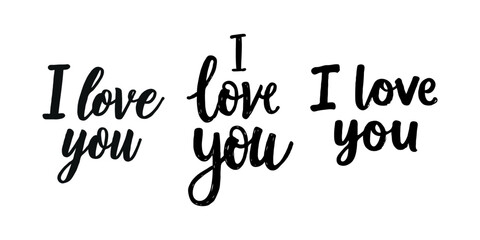 Handwritten I Love You text in black ink in three different styles on a white background. Concept of love and romance. Valentines day illustration. Valentine's day, wedding illustration.