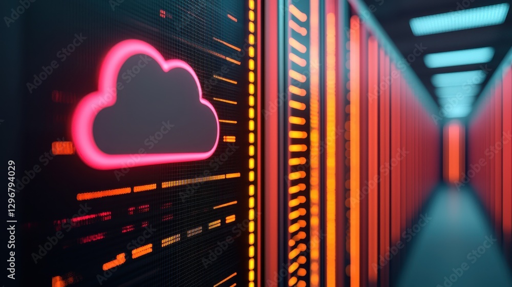 Poster cloud technology action glowing data streams enhancing awareness protection in data centers