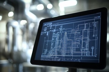 Tablet with digital blueprints of an industrial plant against a backdrop of active production lines