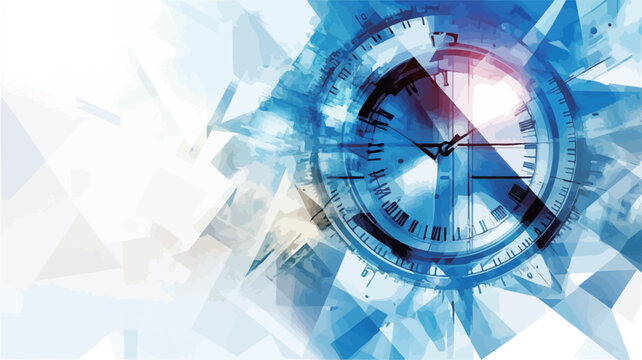 The image is an abstract digital illustration featuring a fragmented clock face in shades of blue and white. The clock is partially obscured and overlapped by geometric shapes and shards, creating