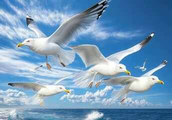 Flock of Seagulls Gliding Gracefully Over a Sparkling Ocean with Dramatic Blue Sky and Fluffy White Clouds in a Serene Coastal Landscape